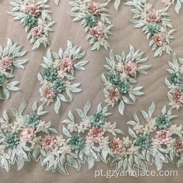 Tecido leve verde 3D StoneTulle Embroidery